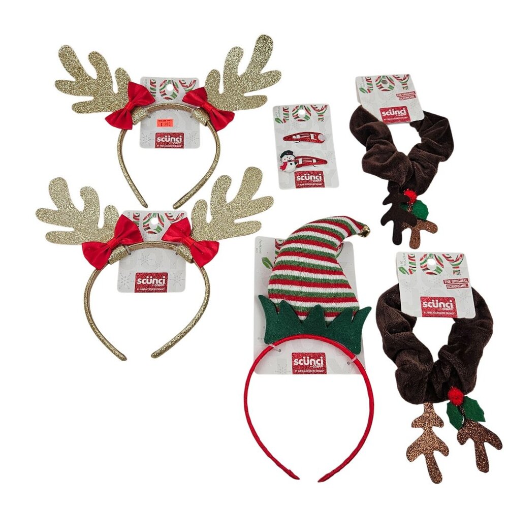 Scunci Holiday Hair Set Reindeer Antlers Elf Hat Headbands Snowman Clips